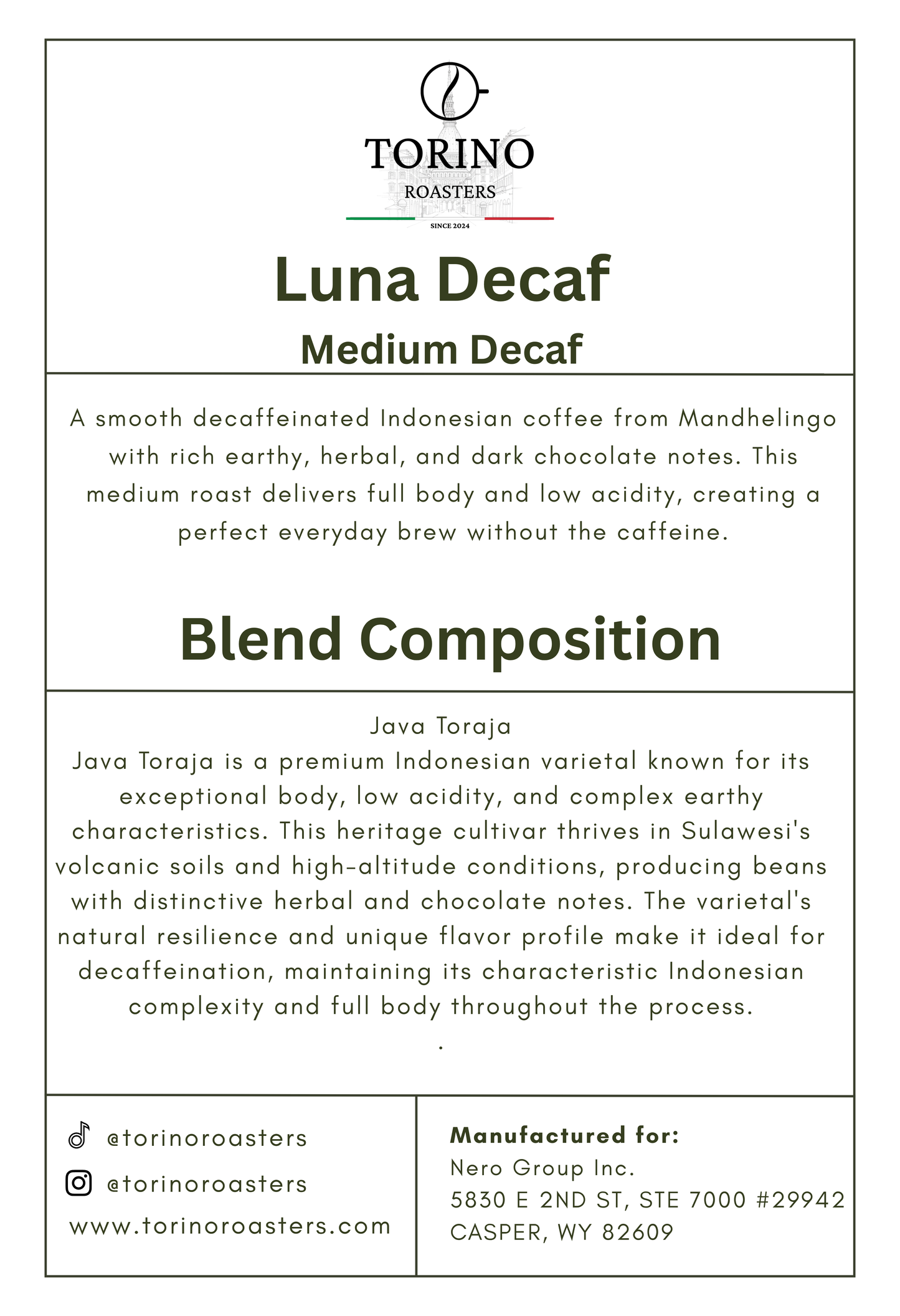 Luna Decaf - Medium / Dark Roast